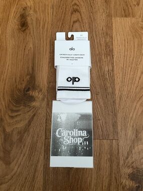 ALO Yoga White Half Crew Socks with Black Stripe and Logo